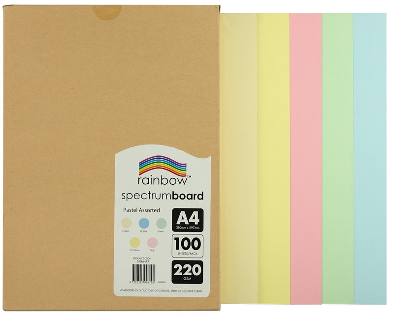 Flat kraft carton on white with five pale A4 board sheets fanned to its right in cream, light yellow, pink, mint green and pale blue, the pack label reading Pastel Assorted.