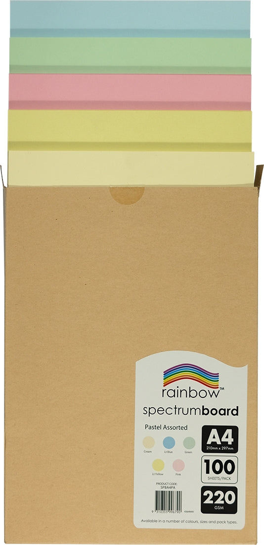 Upright kraft carton with its flaps open and five pastel sheets stepped out of the top: pale blue rearmost, then mint green, pink, light yellow and cream at the front.