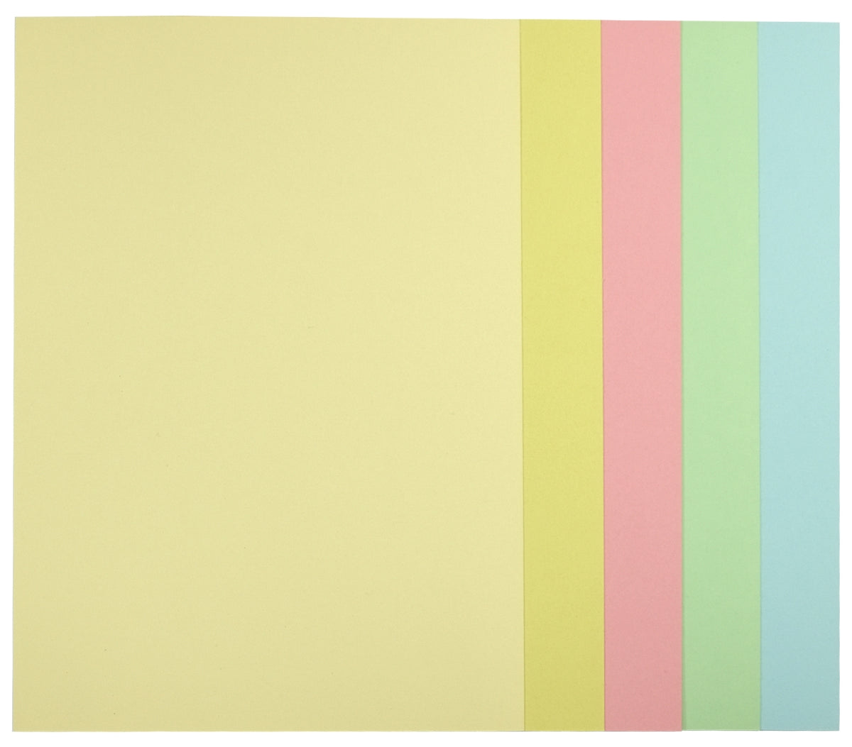 Five overlapping pastel board sheets on white with no pack visible, a full cream sheet in front and slim bands of light yellow, pink, mint green and pale blue behind it.