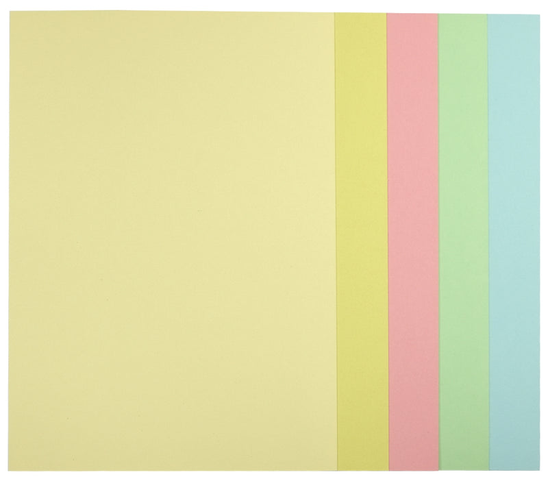 Five overlapping pastel board sheets on white with no pack visible, a full cream sheet in front and slim bands of light yellow, pink, mint green and pale blue behind it.