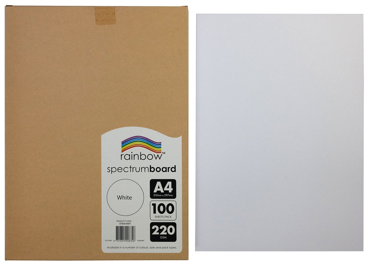 Kraft carton on the left with its printed label fully visible and a single white A4 board sheet lying separately to its right, both flat on a plain white background.