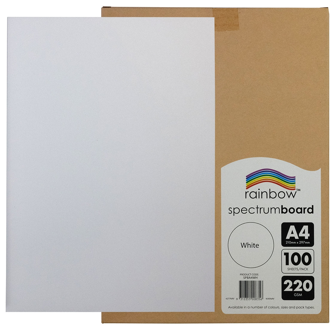Kraft carton lying flat on white with one white board sheet overlapping its left half, the label showing an outlined circle marked White beside the A4 and 220 blocks.