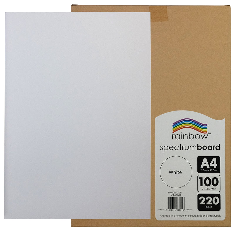 Kraft carton lying flat on white with one white board sheet overlapping its left half, the label showing an outlined circle marked White beside the A4 and 220 blocks.