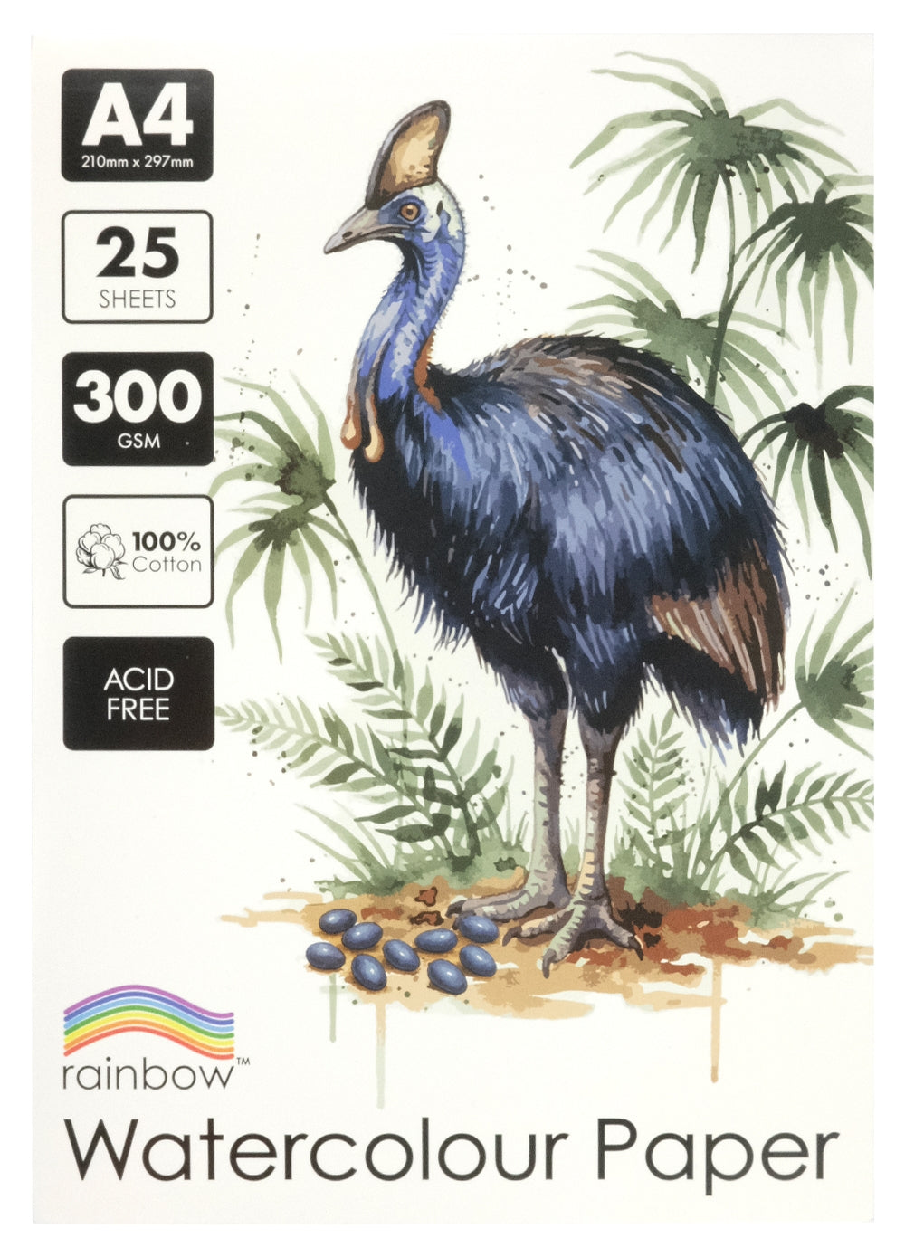 Front cover of the Rainbow Watercolour Pad A4 300gsm showing a blue and brown cassowary painted in watercolour among green palm fronds, with black badges down the left edge reading A4 210mm x 297mm, 25 sheets, 300 gsm, 100% cotton and acid free, and the rainbow wordmark below.