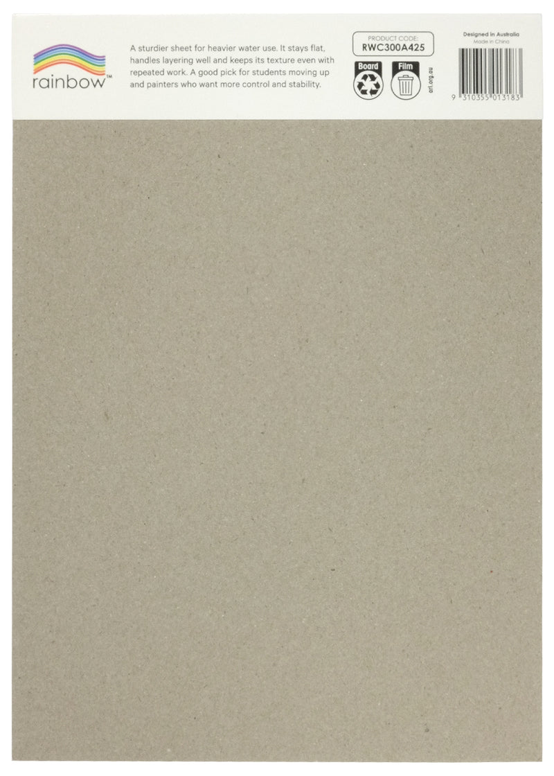Back of the Rainbow Watercolour Pad A4 300gsm showing the grey chipboard backing board, the rainbow wordmark, product code RWC300A425, the barcode, recycling symbols for board and film, and the line stating the pad is designed in Australia and made in China.