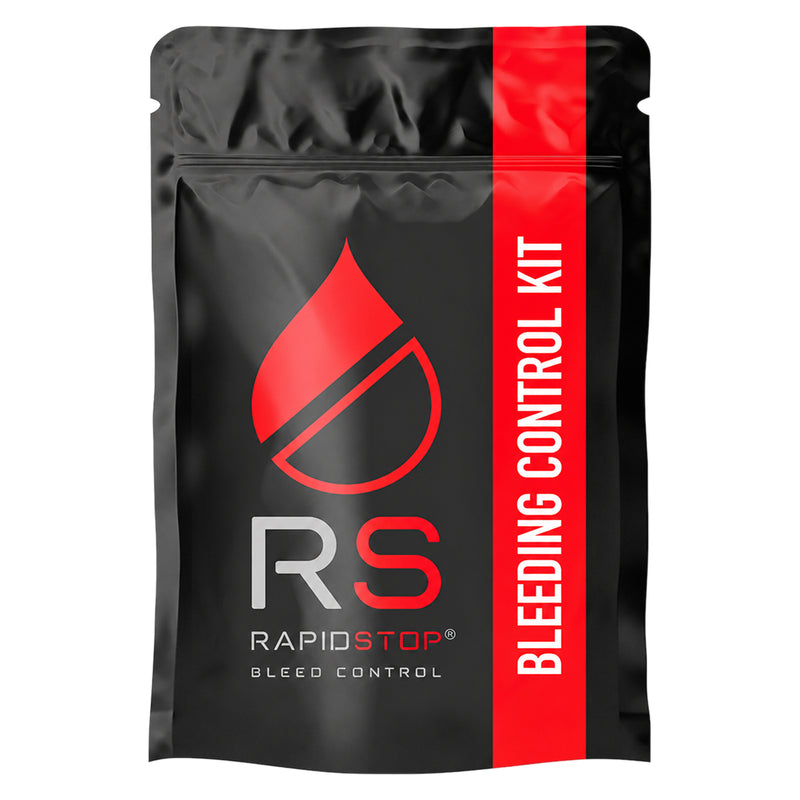 Front view of the RapidStop Bleeding Control Kit pouch against a white background. The portable black pouch features a prominent red blood drop graphic, RapidStop branding and a bright red vertical bleeding control kit panel for clear identification within workplace first aid areas and emergency response equipment.