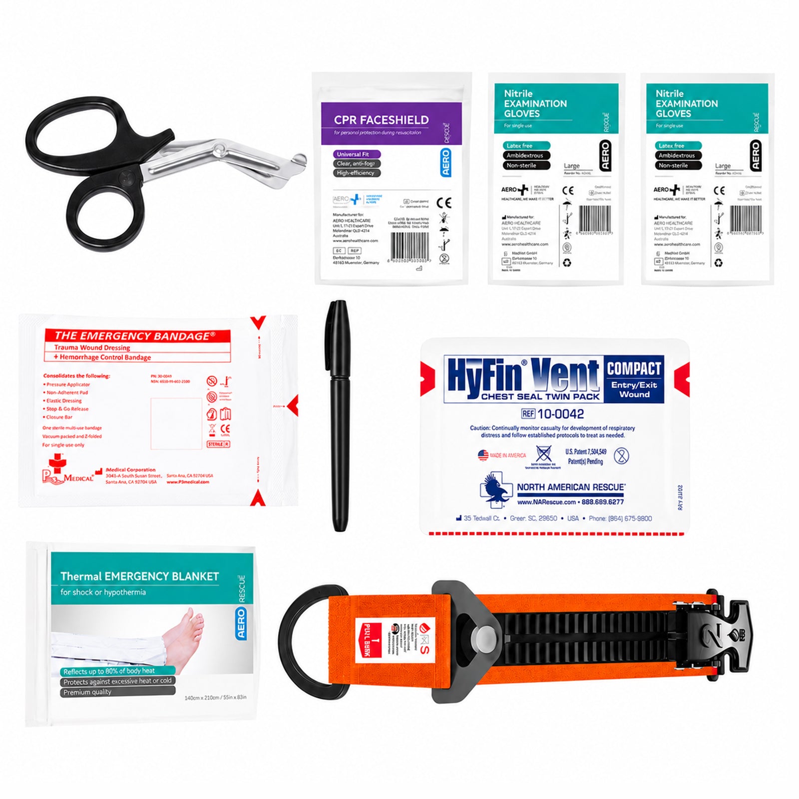 RapidStop Medium Pack emergency components presented individually against a clean white background. The image shows trauma shears, CPR faceshield, two nitrile examination glove packs, trauma bandage, marker, HyFin Vent Compact Chest Seal Twin Pack, thermal emergency blanket and the orange RapidStop tourniquet with mechanical tightening system.