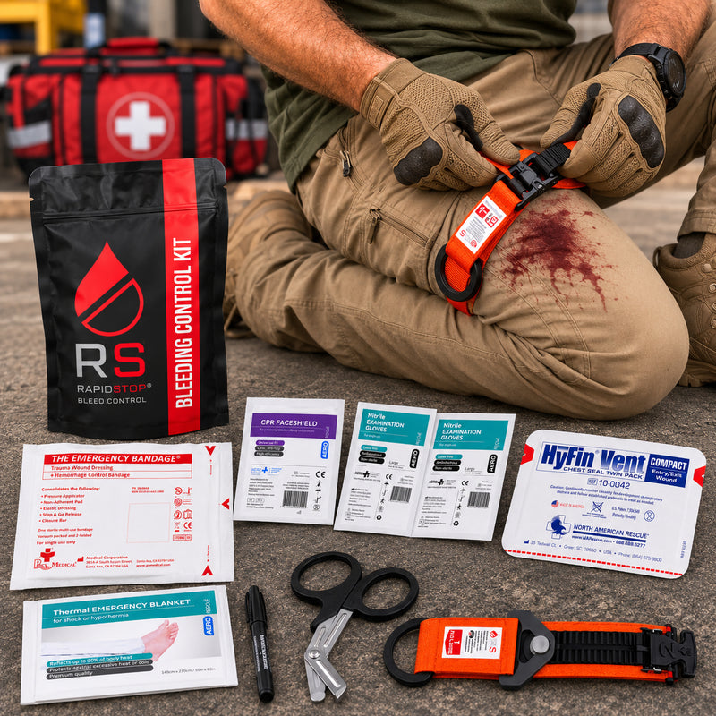 RapidStop Bleed Control Medium Pack shown in a simulated emergency response with a responder applying the orange RapidStop tourniquet to an injured leg. The black and red RapidStop pouch is displayed beside the trauma bandage, CPR faceshield, nitrile gloves, HyFin Vent chest seal, thermal emergency blanket, trauma shears and marker.