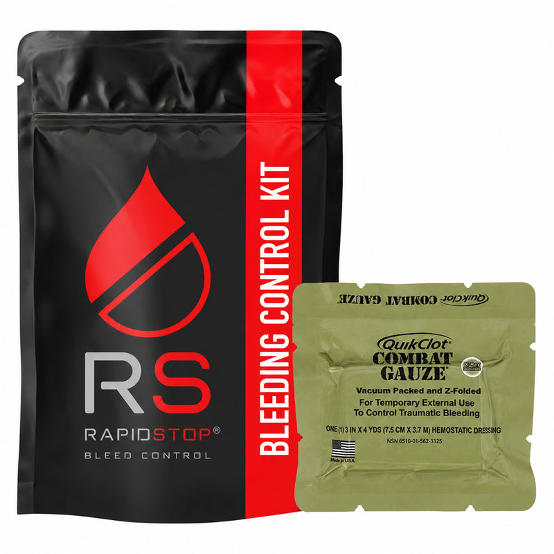 Close product image showing the black and red RapidStop Bleeding Control Kit pouch beside the olive QuikClot Combat Gauze package. The vacuum packed haemostatic dressing is clearly labelled for temporary external control of traumatic bleeding and measures approximately 7.5cm x 3.7m, highlighting the defining component of this Medium kit configuration.