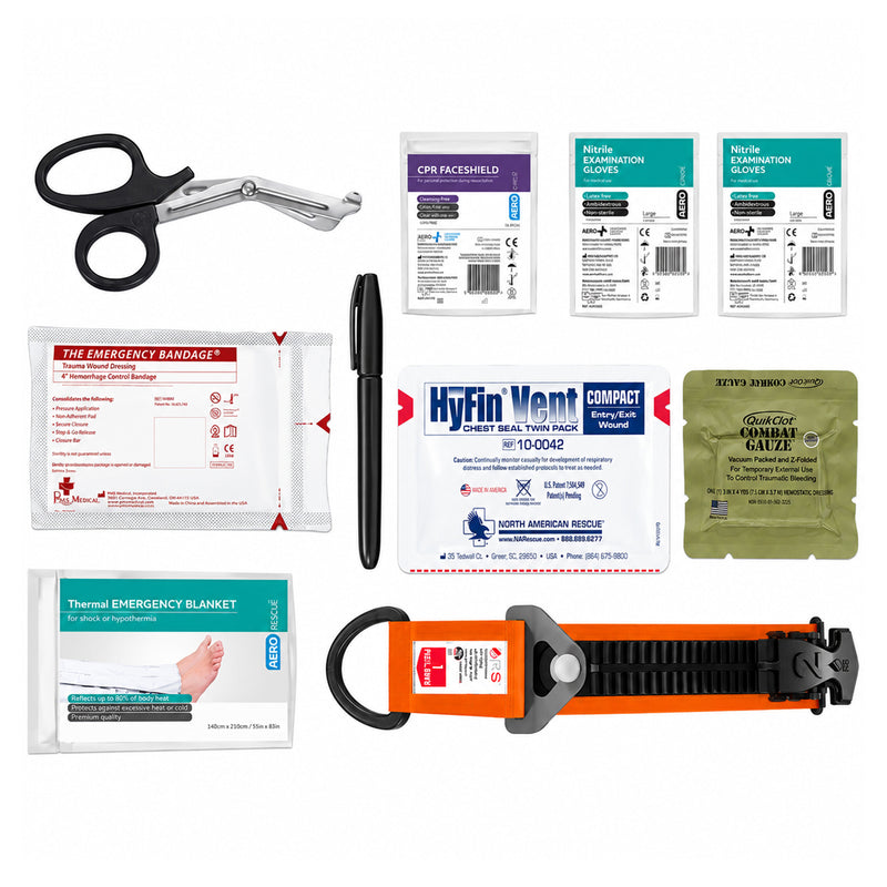 Individual contents of the RapidStop Bleed Control Medium Pack arranged against a clean white background. The image shows trauma shears, CPR faceshield, two nitrile glove packs, emergency trauma bandage, marker, HyFin Vent Compact chest seal, QuikClot Combat Gauze, thermal emergency blanket and the distinctive orange RapidStop tourniquet.