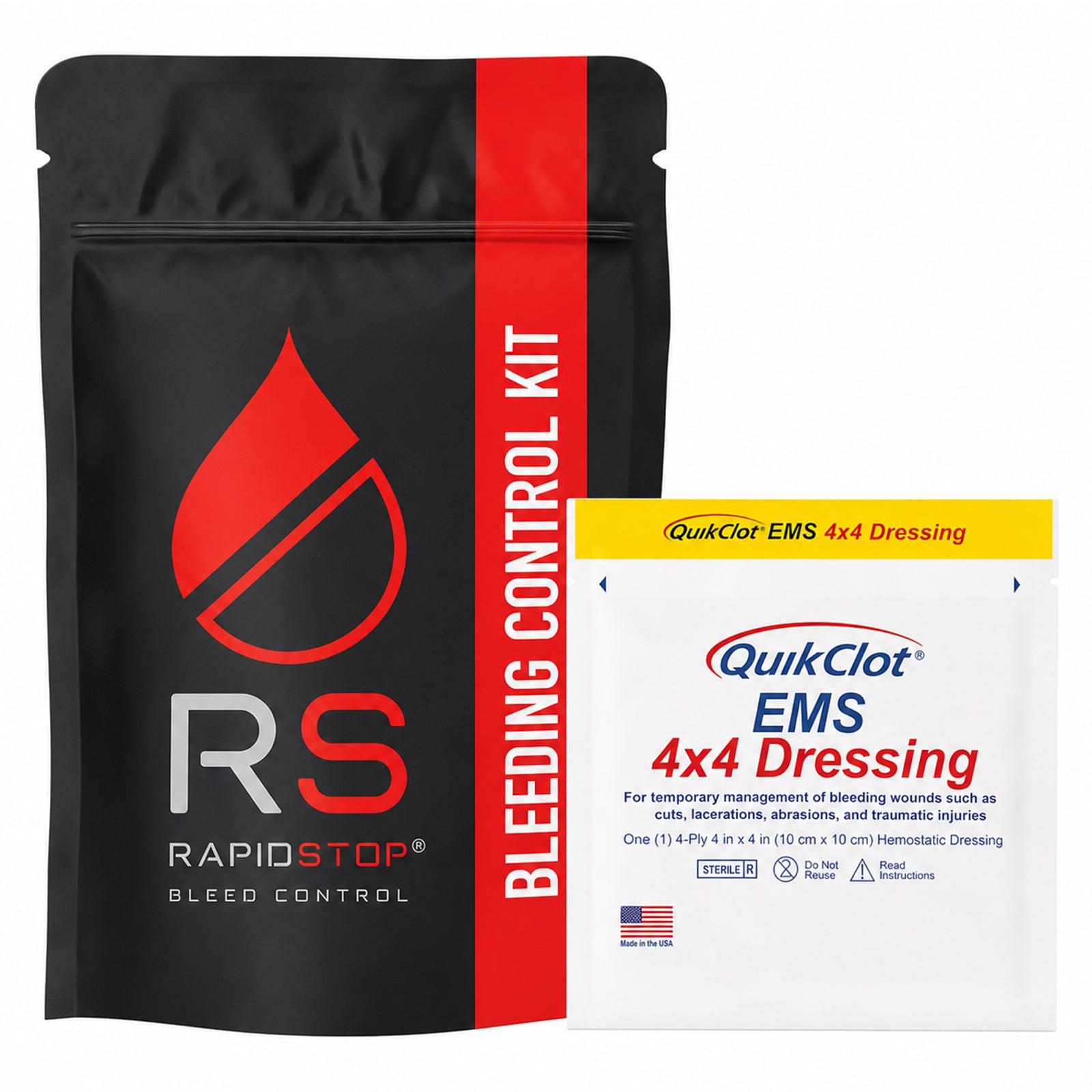 Close product view of the black RapidStop Bleeding Control Kit pouch beside the QuikClot EMS 4x4 Dressing. The haemostatic dressing packaging identifies the 10cm x 10cm format for temporary management of bleeding wounds, clearly distinguishing this Medium configuration from the QuikClot EMS Rolled Gauze version.