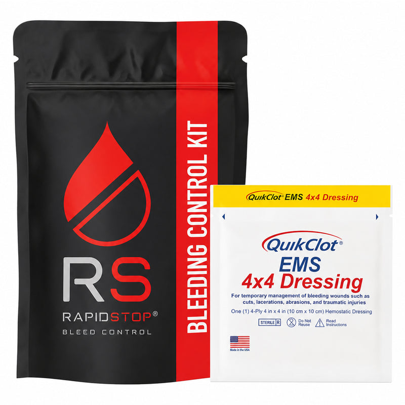 Close product view of the black RapidStop Bleeding Control Kit pouch beside the QuikClot EMS 4x4 Dressing. The haemostatic dressing packaging identifies the 10cm x 10cm format for temporary management of bleeding wounds, clearly distinguishing this Medium configuration from the QuikClot EMS Rolled Gauze version.