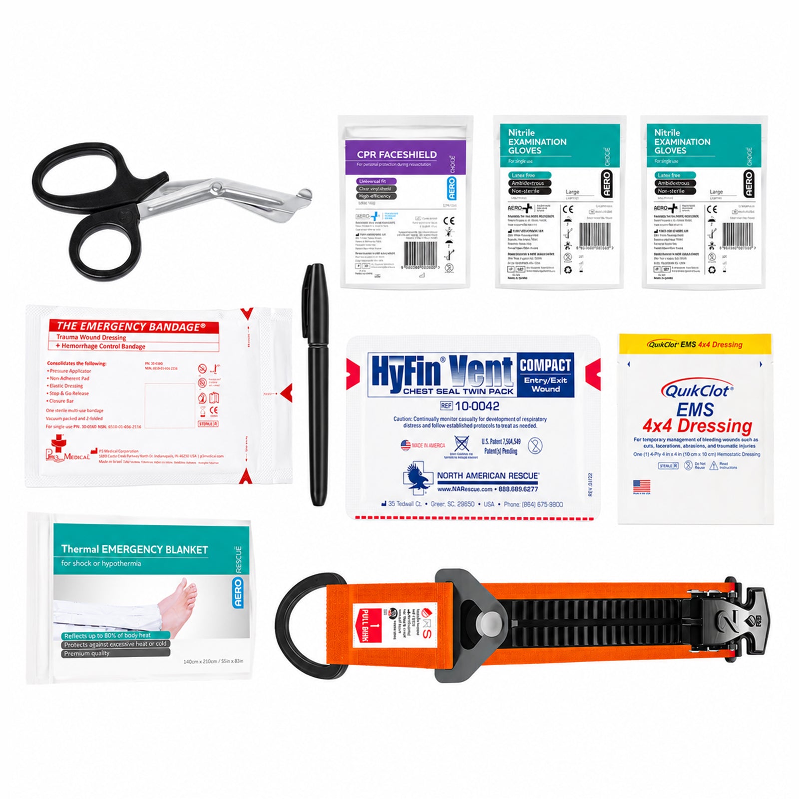 Full contents of the RapidStop Bleed Control Medium Pack arranged individually against a clean white background. Visible components include trauma shears, CPR faceshield, two nitrile glove packs, emergency trauma bandage, marker, HyFin Vent Compact chest seal, QuikClot EMS 4x4 Dressing, thermal emergency blanket and RapidStop tourniquet.