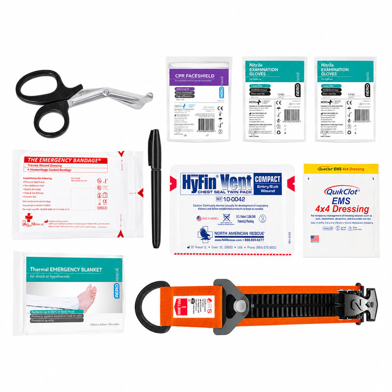 Full contents of the RapidStop Bleed Control Medium Pack arranged individually against a clean white background. Visible components include trauma shears, CPR faceshield, two nitrile glove packs, emergency trauma bandage, marker, HyFin Vent Compact chest seal, QuikClot EMS 4x4 Dressing, thermal emergency blanket and RapidStop tourniquet.