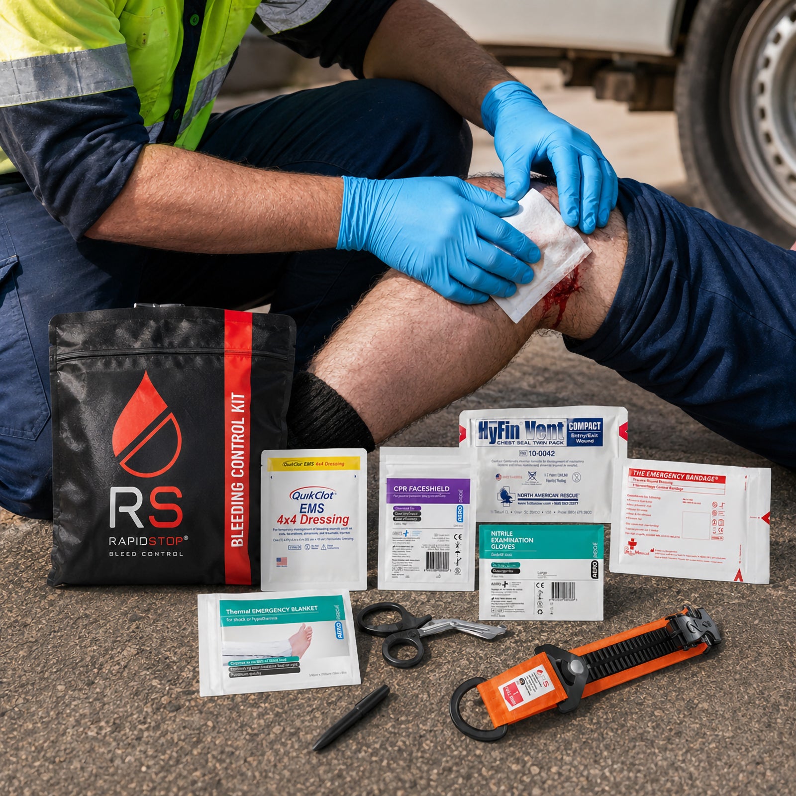 RapidStop Bleed Control Medium Pack shown during a simulated workplace emergency beside a vehicle, with a gloved responder applying a dressing to a leg injury. Kit contents displayed nearby include the QuikClot EMS 4x4 Dressing, RapidStop tourniquet, HyFin Vent Compact chest seal, emergency trauma bandage, CPR faceshield, nitrile gloves, thermal emergency blanket, trauma shears, marker and RapidStop pouch.