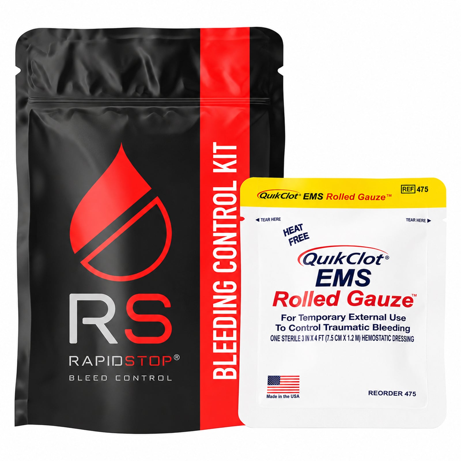 Close product view of the black and red RapidStop Bleeding Control Kit pouch beside the QuikClot EMS Rolled Gauze package. The sterile haemostatic dressing is identified as a 7.5cm x 1.2m rolled gauze intended for temporary external control of traumatic bleeding.