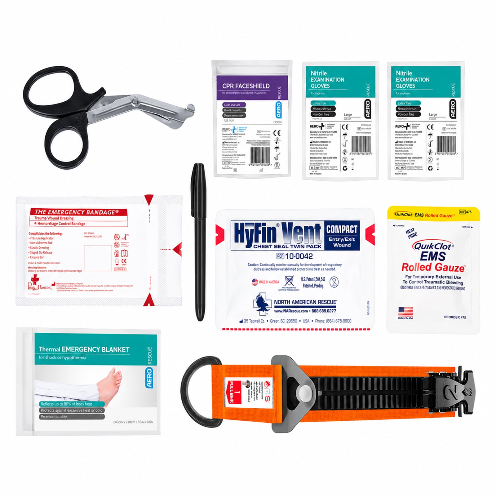 RapidStop Bleed Control Medium Pack contents arranged individually on a clean white background. The layout shows trauma shears, CPR faceshield, two nitrile examination glove packs, emergency trauma bandage, marker, HyFin Vent Compact chest seal, QuikClot EMS Rolled Gauze, thermal emergency blanket and RapidStop tourniquet.