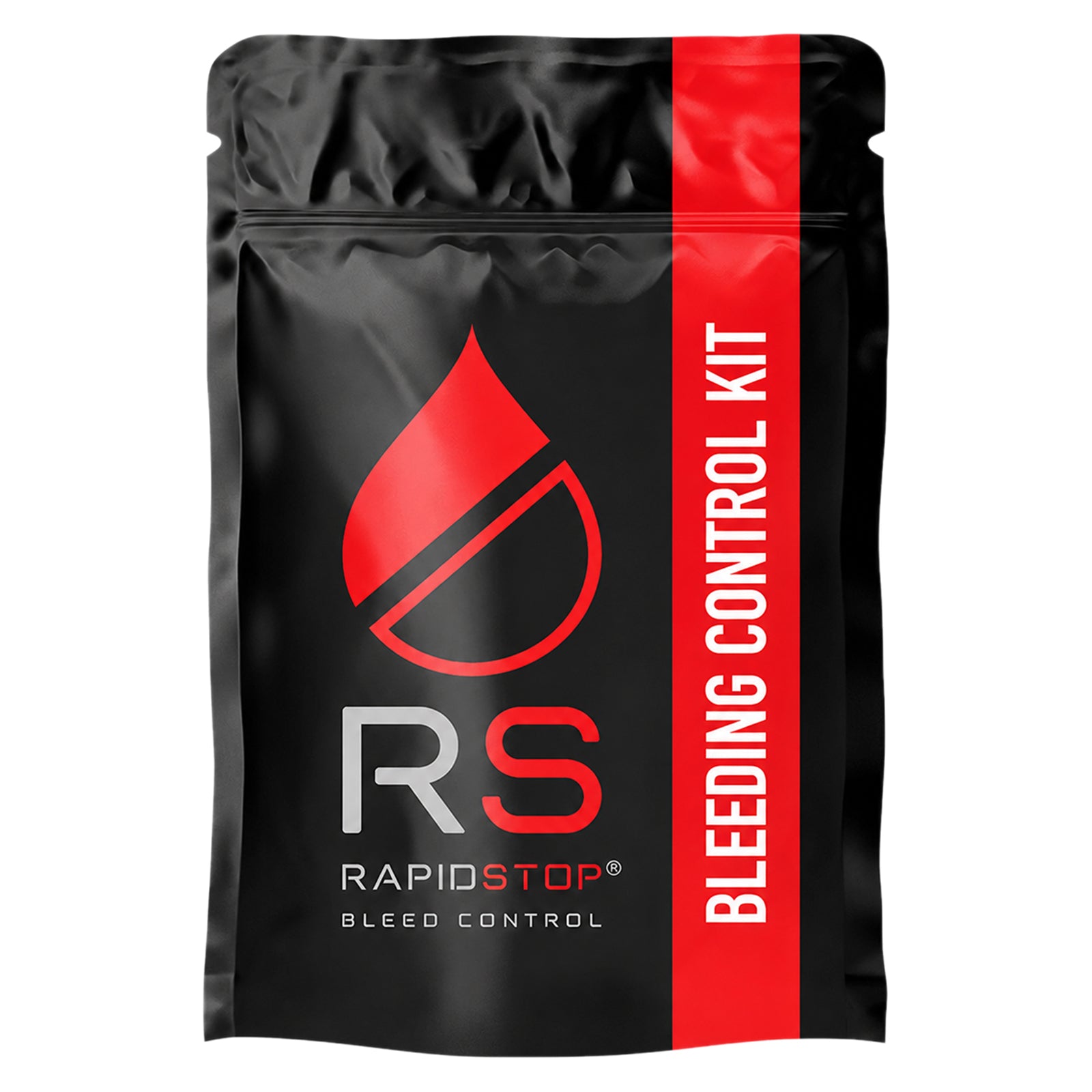 Front view of the compact RapidStop Bleeding Control Kit pouch against a clean white background. The black pouch features prominent red RapidStop branding and a red vertical bleeding control kit panel, creating clear identification for storage in workplace emergency stations, vehicles and portable response equipment.