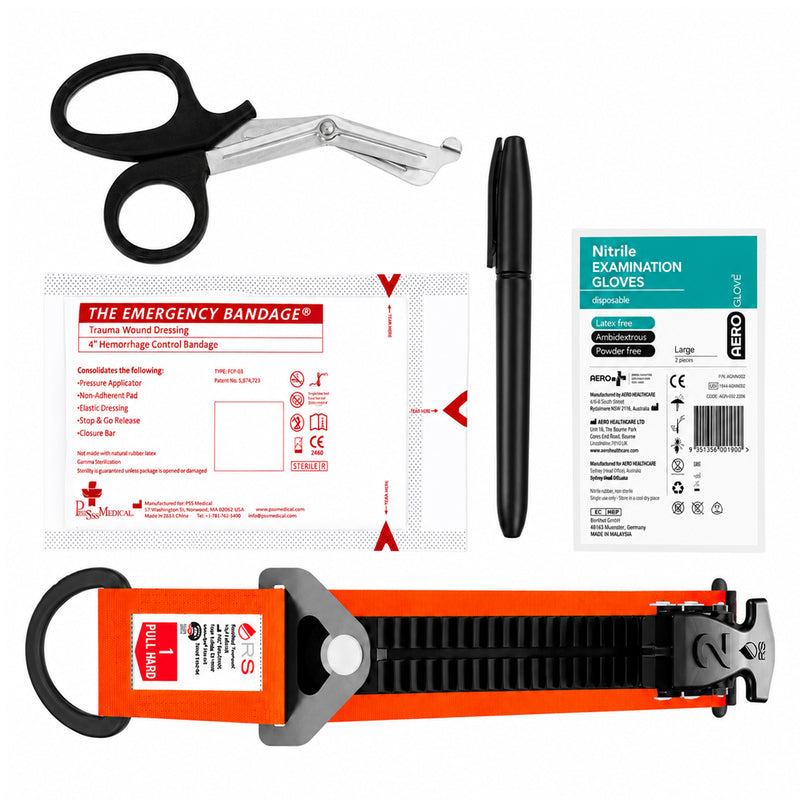 Individual RapidStop Small Pack components presented clearly against a white background. Visible equipment includes the RapidStop tourniquet with orange strap and mechanical tightening system, 4 inch haemorrhage control trauma bandage, trauma shears, disposable nitrile examination gloves and marker for recording important treatment information.