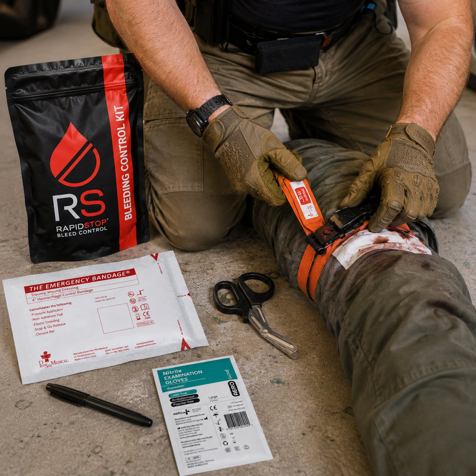 RapidStop Bleed Control Small Pack shown during a simulated emergency response with a responder applying the orange RapidStop tourniquet to a leg. The black and red bleeding control pouch, 4 inch emergency trauma bandage, trauma shears, disposable nitrile examination gloves and black marker are positioned nearby for rapid access.