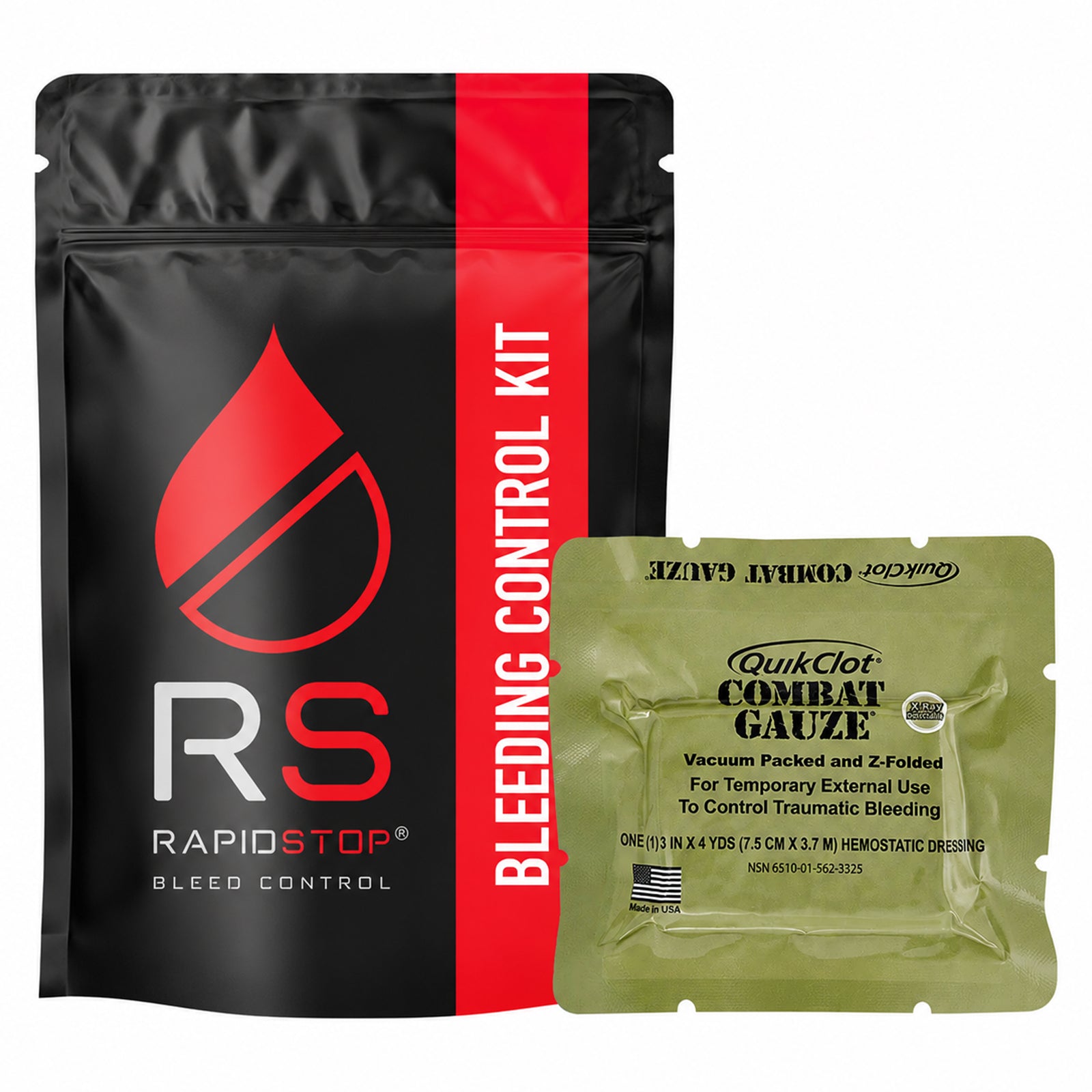 Close product view showing the black RapidStop Bleeding Control Kit pouch beside the olive QuikClot Combat Gauze package. The packaging identifies the vacuum packed Z folded haemostatic dressing measuring 7.5cm x 3.7m for temporary external use to control traumatic bleeding.