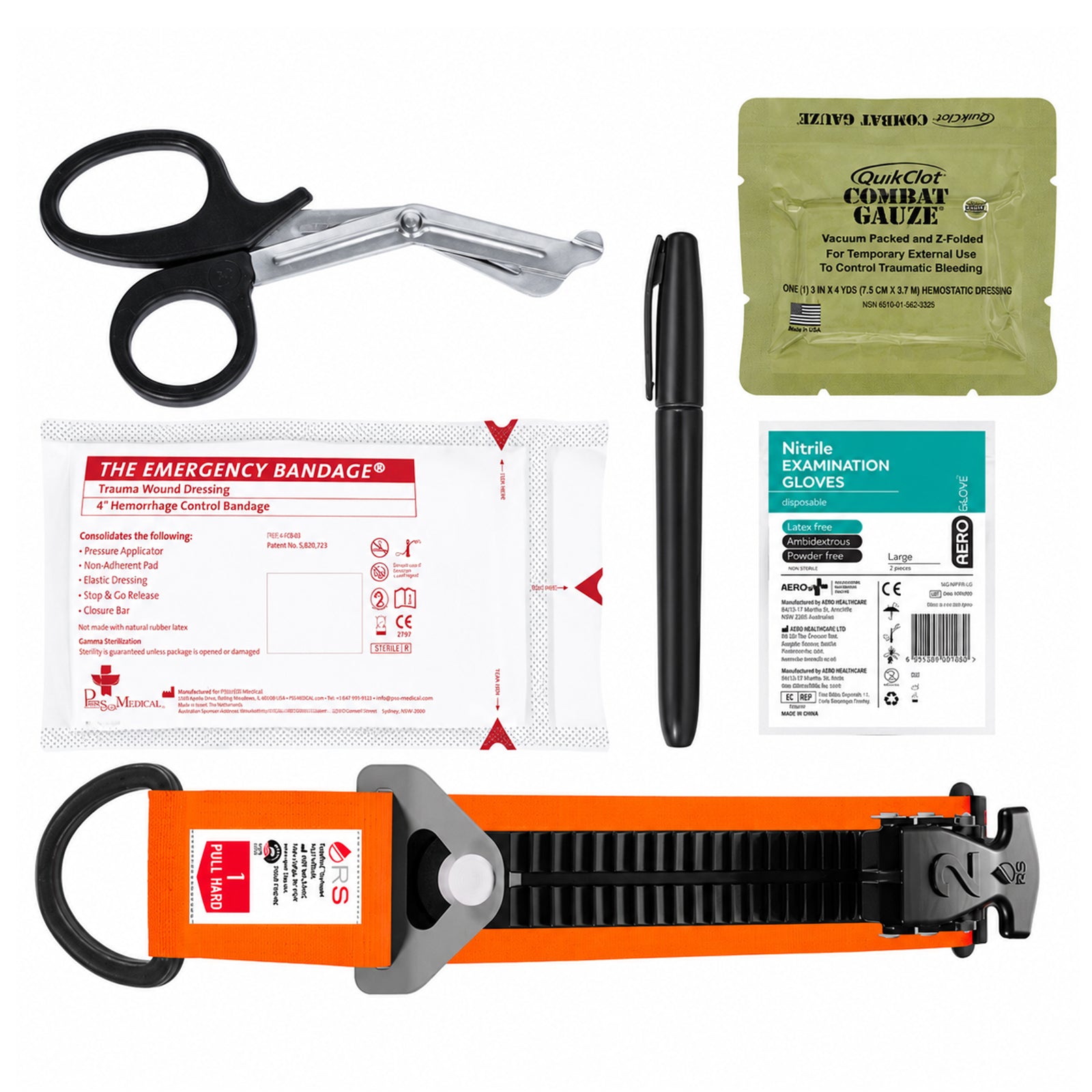 Complete contents of the RapidStop Small Bleed Control Pack individually arranged against a clean white background. Visible equipment includes trauma shears, marker, QuikClot Combat Gauze, 4 inch emergency haemorrhage control bandage, nitrile examination gloves and the distinctive orange and black RapidStop tourniquet.