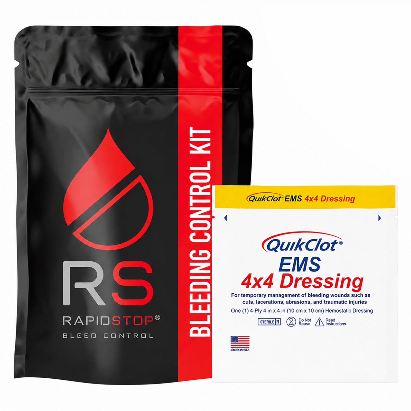 Close product view showing the black and red RapidStop Bleeding Control Kit pouch alongside the QuikClot EMS 4x4 Dressing. The sterile haemostatic dressing packaging identifies its 10cm x 10cm size and temporary bleeding management application, clearly distinguishing this configuration from the EMS Rolled Gauze variant.