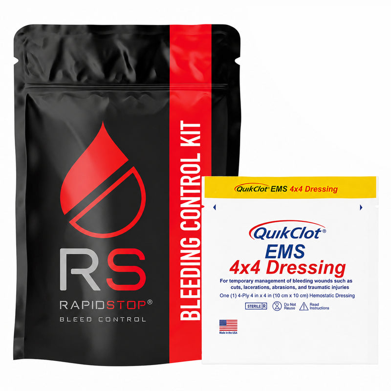 Close product view showing the black and red RapidStop Bleeding Control Kit pouch alongside the QuikClot EMS 4x4 Dressing. The sterile haemostatic dressing packaging identifies its 10cm x 10cm size and temporary bleeding management application, clearly distinguishing this configuration from the EMS Rolled Gauze variant.