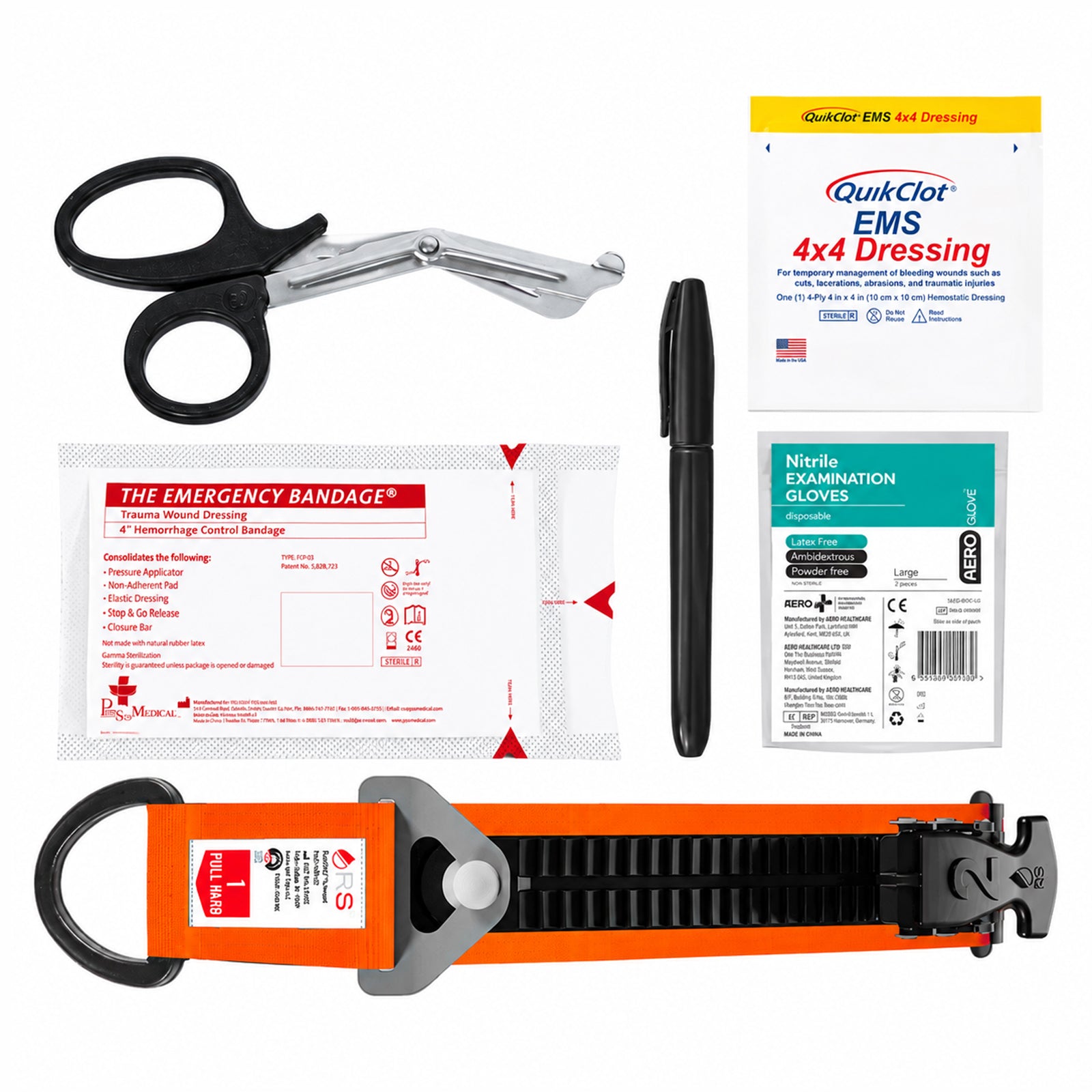 Full contents of the RapidStop Bleed Control Small Pack arranged against a clean white background. The image shows the RapidStop tourniquet, QuikClot EMS 4x4 Dressing, emergency haemorrhage control bandage, trauma shears, black marker and individually packaged nitrile examination gloves.