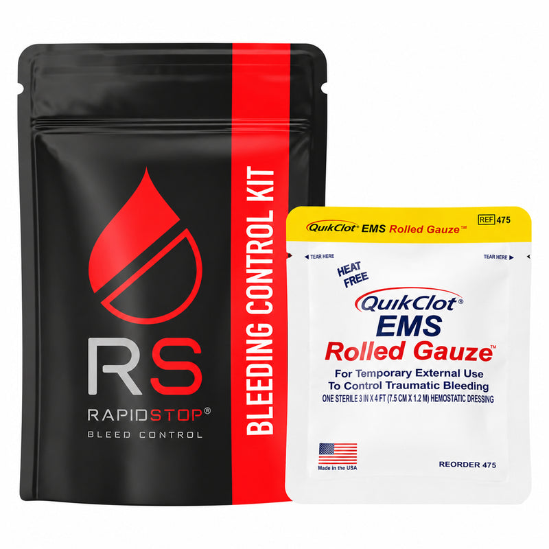 Close product view of the black and red RapidStop Bleeding Control Kit pouch positioned beside a sealed QuikClot EMS Rolled Gauze haemostatic dressing, highlighting the compact packaged components included with this Small bleed control kit configuration.