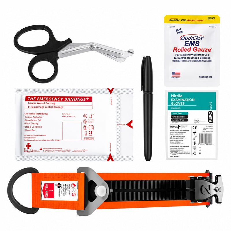 Product layout of the RapidStop Small Bleed Control Kit on a white background, clearly showing the RapidStop tourniquet, QuikClot EMS Rolled Gauze, 4 inch haemorrhage control bandage, trauma shears, marker and packaged nitrile examination gloves.