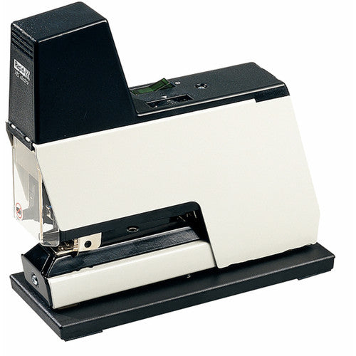 Rapid 105E electric stapler with a black stapling head on a white body and black base, shown from the front left