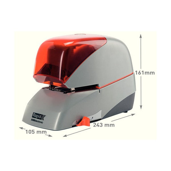Rapid 5080E electric stapler with dimension arrows showing 161mm high, 243mm long and 105mm wide