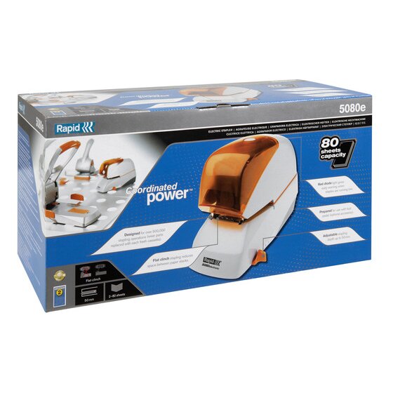 Retail box for the Rapid 5080E electric stapler with an image of the machine and an 80 sheets capacity badge