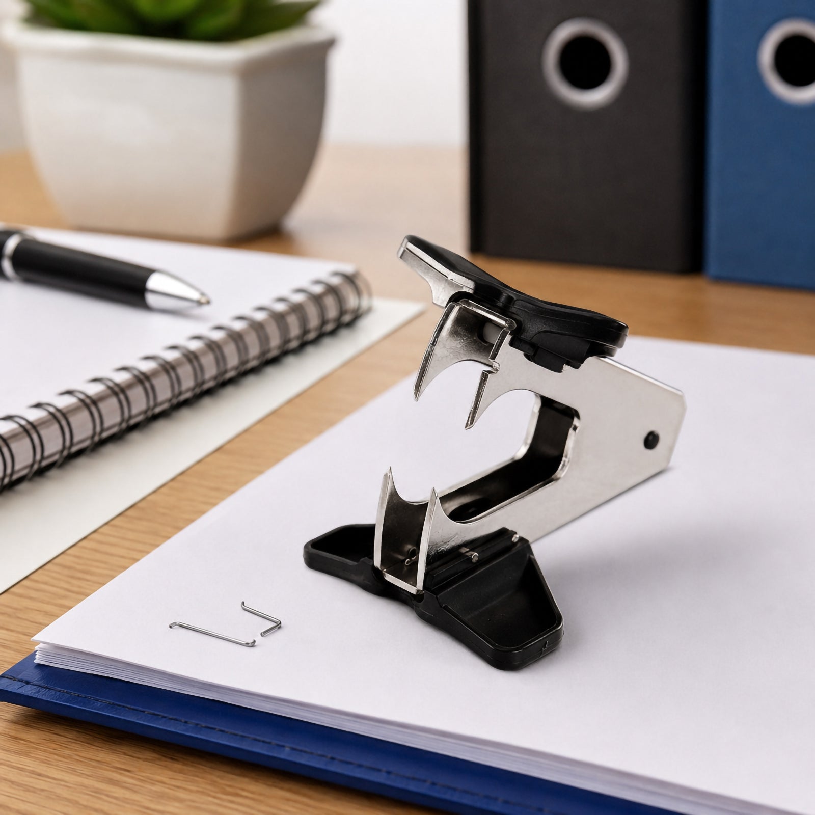 The Rapid C1 Staple Remover Claw is displayed standing on a stack of white paper beside removed staples. The office desktop includes a notebook, pen and folders, highlighting the tool's practical use for document organisation and efficient staple removal.