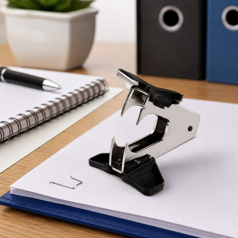 The Rapid C1 Staple Remover Claw is displayed standing on a stack of white paper beside removed staples. The office desktop includes a notebook, pen and folders, highlighting the tool's practical use for document organisation and efficient staple removal.