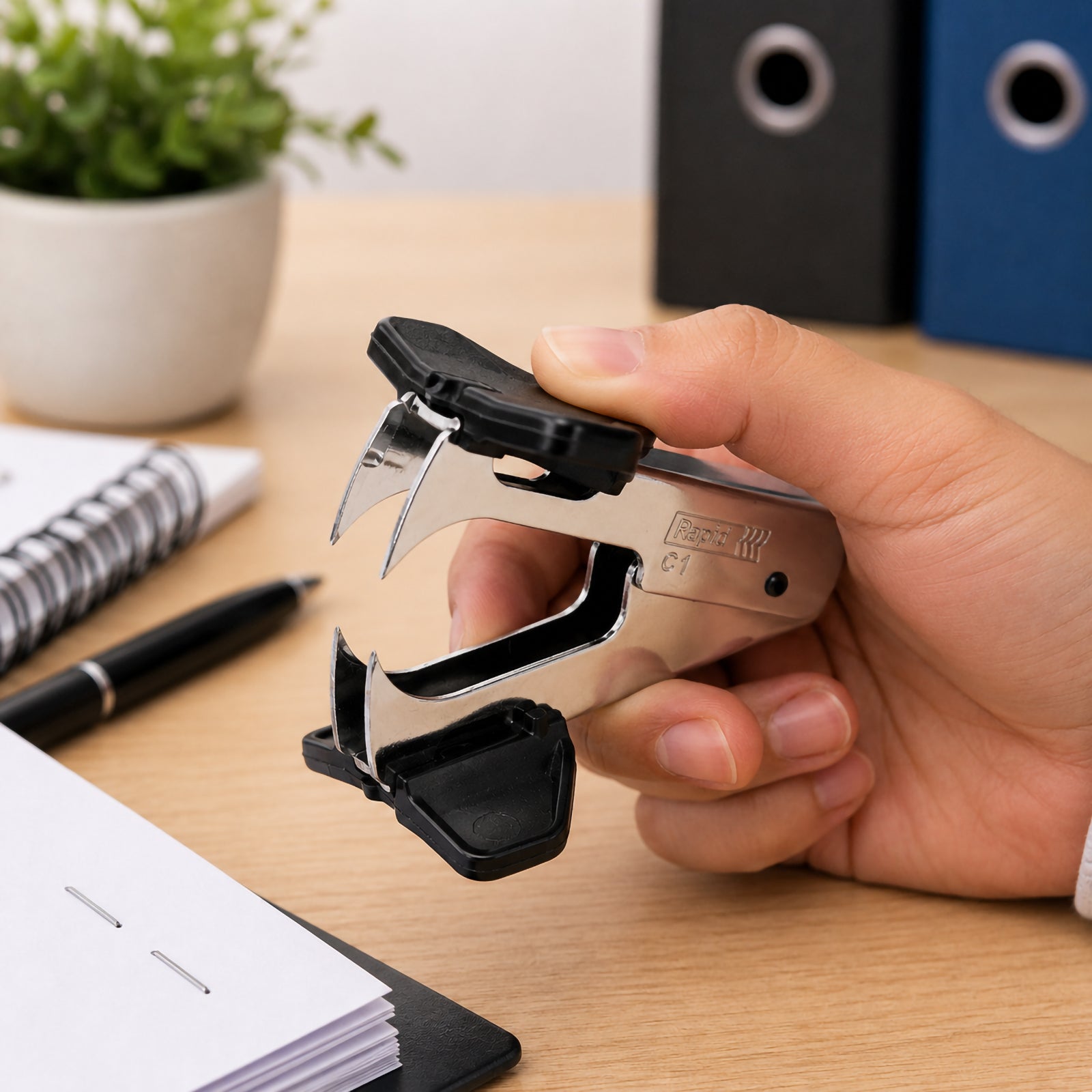 A close up lifestyle image showing a hand comfortably holding the Rapid C1 Staple Remover Claw above an office desk. The chrome finished steel body and black ergonomic grip are clearly visible, with notebooks, folders and stationery in the background, demonstrating comfortable everyday office use.