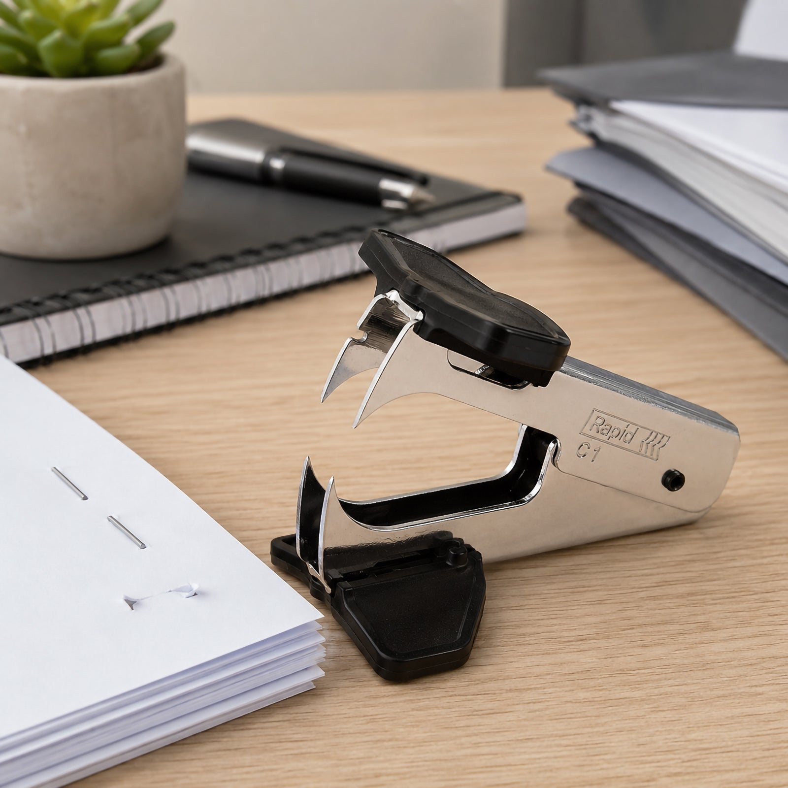 A desktop workspace featuring the Rapid C1 Staple Remover Claw positioned beside stapled documents with staple holes visible after removal. Office notebooks, folders and a small plant create a professional environment that demonstrates document preparation and filing tasks.