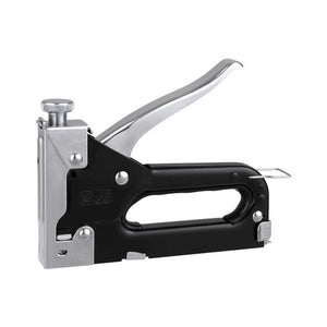 Rapid Compacta metal hand tacker with a black body, chrome handle and a knurled force knob on top, shown side on