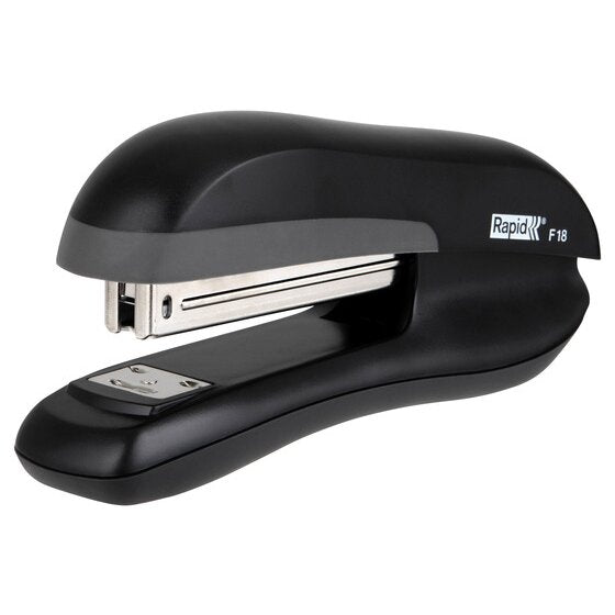 Side view of the black Rapid F18 full strip stapler showing the steel staple channel and anvil plate