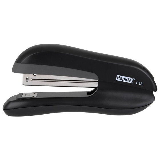 Black Rapid F18 full strip stapler viewed from the left side with the Rapid F18 badge on the top