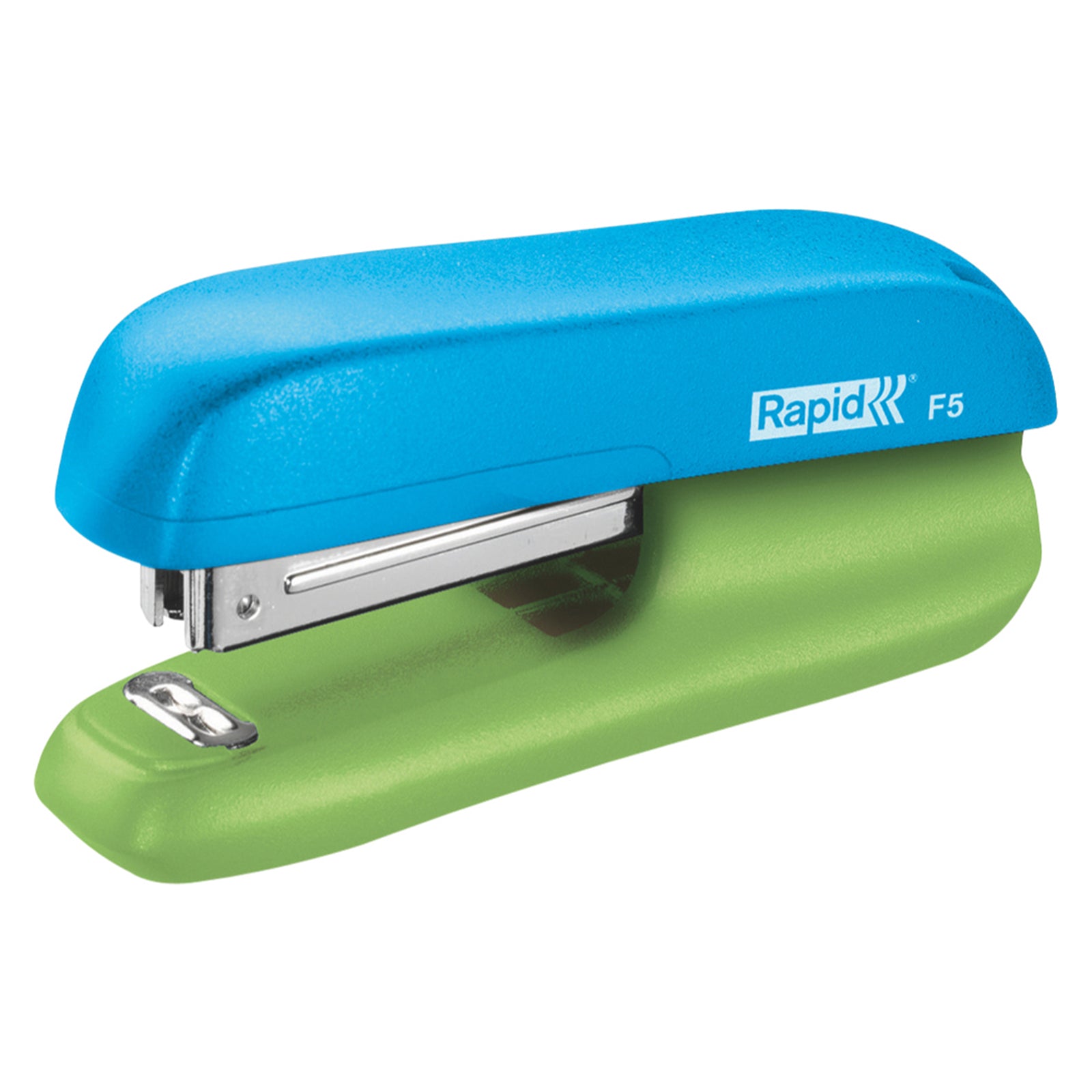 A clean studio product image of the Rapid F5 Mini Stapler against a white background. The angled perspective clearly displays the blue top cover, green base, steel magazine and compact design, making product details easy to view.