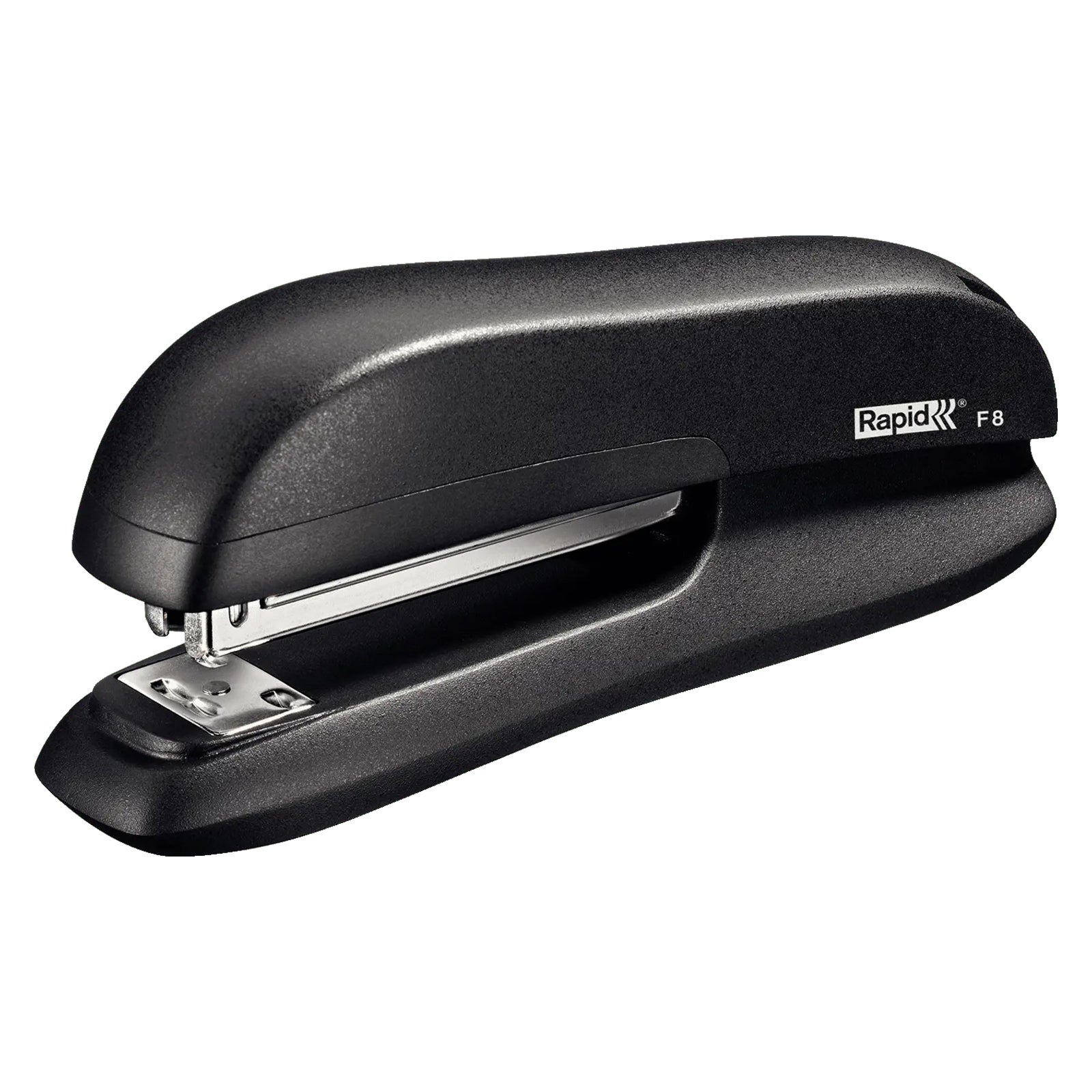 A clean studio product image of the Rapid F8 Full Strip Stapler against a white background. The angled view clearly displays the ergonomic black housing, durable metal mechanism and full strip design, providing a detailed view of the product's premium finish.