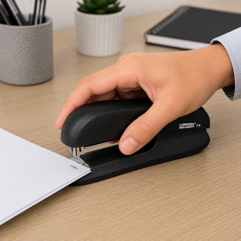 A close up lifestyle image showing a hand comfortably using the Rapid F8 Full Strip Stapler in black to staple a stack of office documents on a modern wooden desk. The workspace includes stationery, notebooks and office accessories, highlighting the ergonomic design and dependable everyday performance.