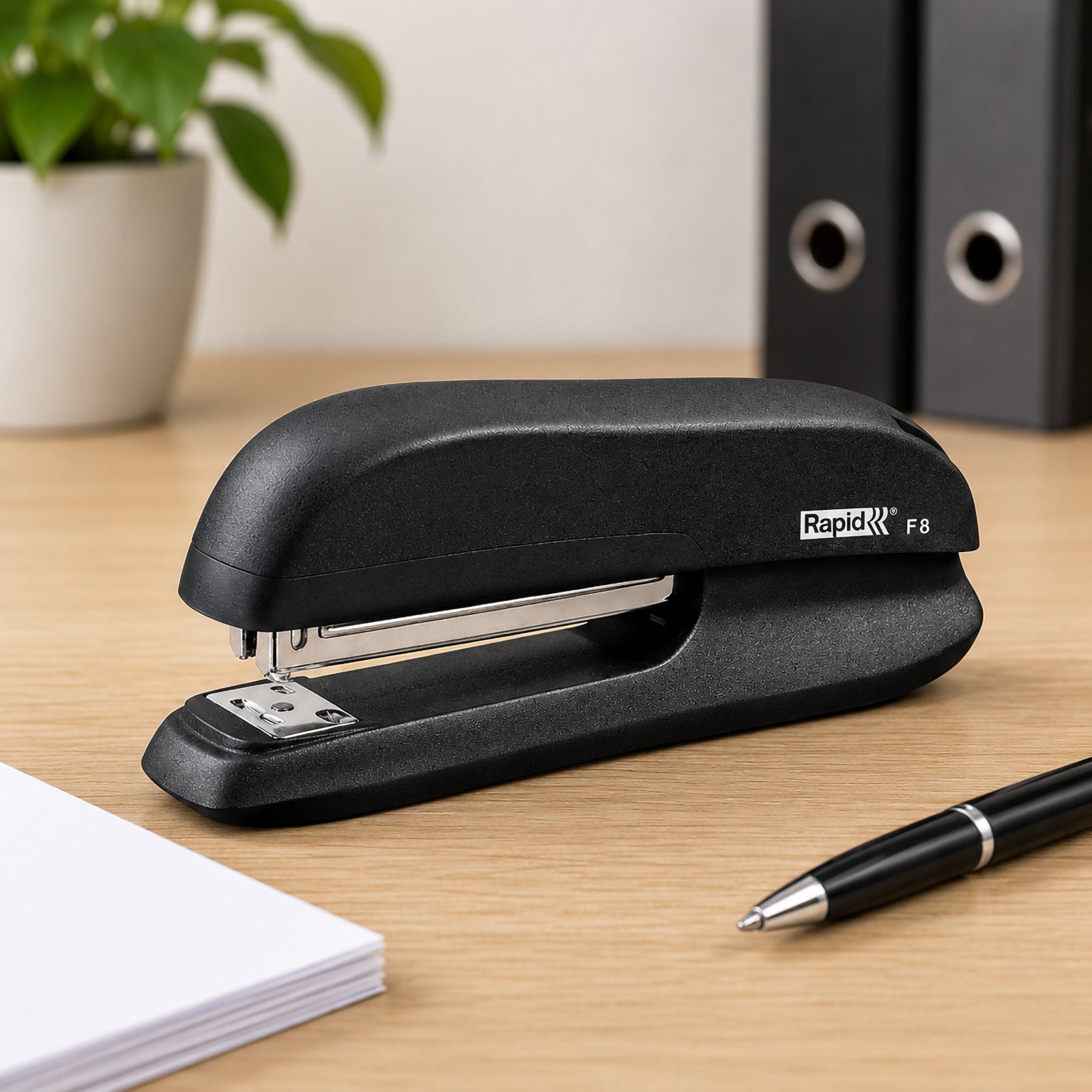 A desktop office scene featuring the Rapid F8 Full Strip Stapler beside neatly stacked documents, a pen and office binders. The composition highlights the stapler's robust construction and suitability for daily document organisation in professional environments.