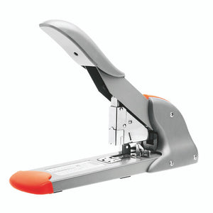 Rapid HD210 heavy duty stapler in silver grey with a long handle, orange end caps and an adjustable paper stop on the base