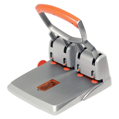 Rapid HDC150 heavy duty four hole punch in silver grey with an orange arched handle, four punch heads and an orange paper guide window