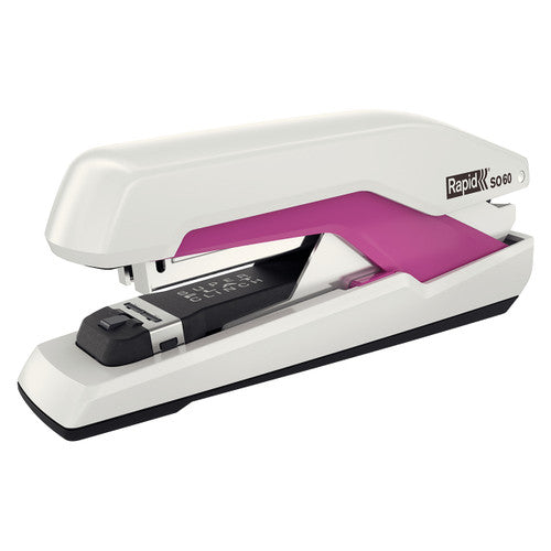 Rapid SO60 Omnipress full strip stapler with a white body, pink inner arm and black magazine marked with the flat clinch name