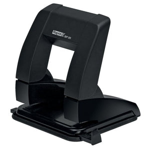 Rapid SP20 two hole paper punch in black with the Rapid SP 20 badge on the handle, shown from the front on a white background