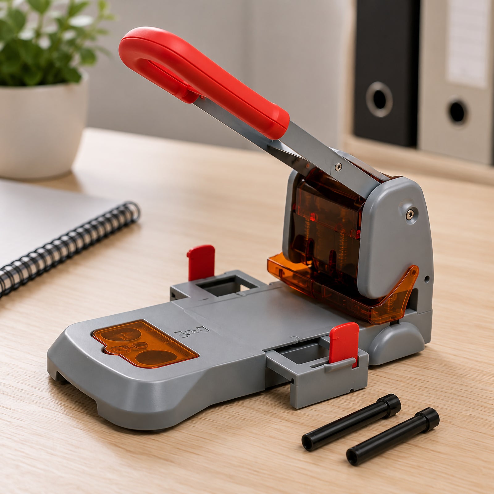 A lifestyle office image showing the Rapid HDC300 heavy duty hole punch with its handle raised and the genuine replacement punching cutters placed beside the machine on a wooden desk. The workspace includes a notebook and office accessories, demonstrating the maintenance process and compatibility with the Rapid HDC300 punch.

Image 2: